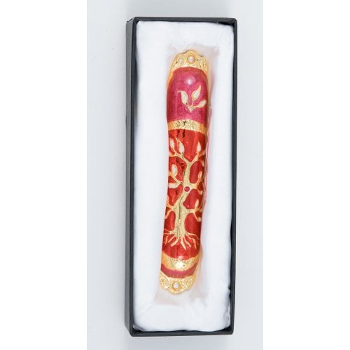 Rounded Mezuzah Case with Tree of Life - Gold, Red and Pink