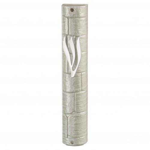 Rounded Silver Plastic Mezuzah Case with Western Wall Image  Silver Shin