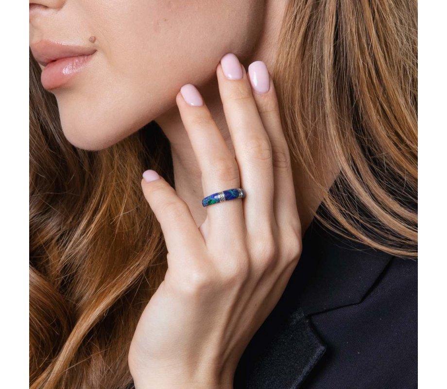 Rounded Sterling Silver Ring with Eilat Stone and Decorative Stripes