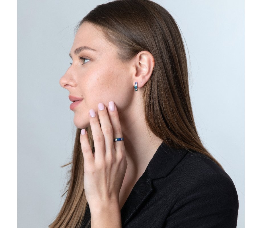 Rounded Sterling Silver Ring with Eilat Stone and Decorative Stripes