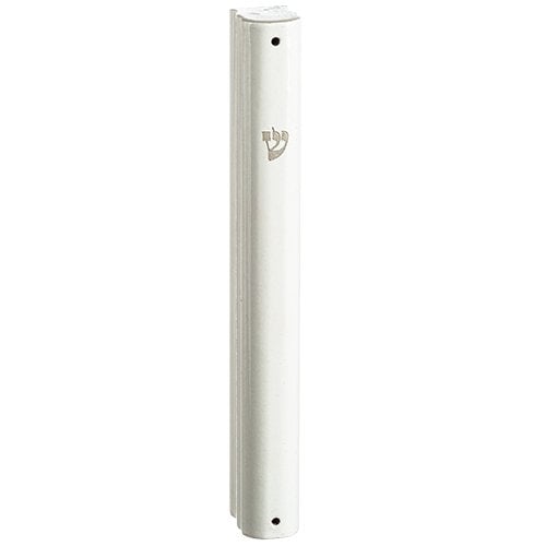 Rounded White Plastic Mezuzah Case with Side Channels  Silver Shin