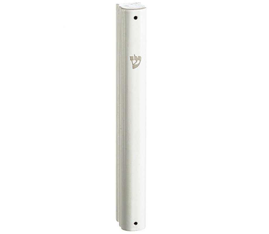 Rounded White Plastic Mezuzah Case with Side Channels – Silver Shin