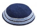 Royal Blue Knitted Kippah with Light Blue and White Border Stripes - Choice of Sizes