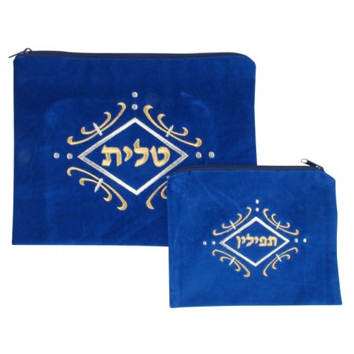 Royal Blue Velvet Tallit & Tefillin Bags-gold and white swirl design