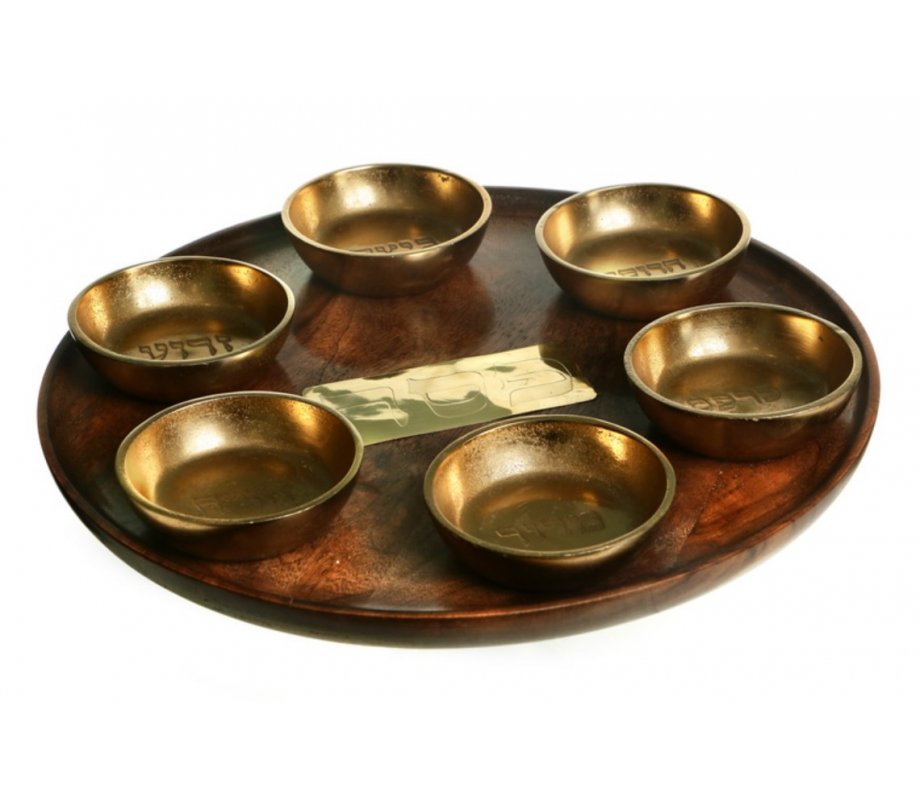 thumbnail interactive-video image 1 of Acacia Wood Seder Plate - 13 Inch Star Shaped Passover Plate With 6 Mini Dishes & Hebrew Symbols 1 of 4