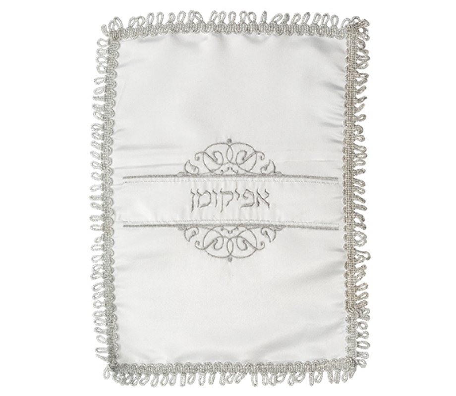 Satin Afikoman Bag, Silver Embroidery - Swirl Design