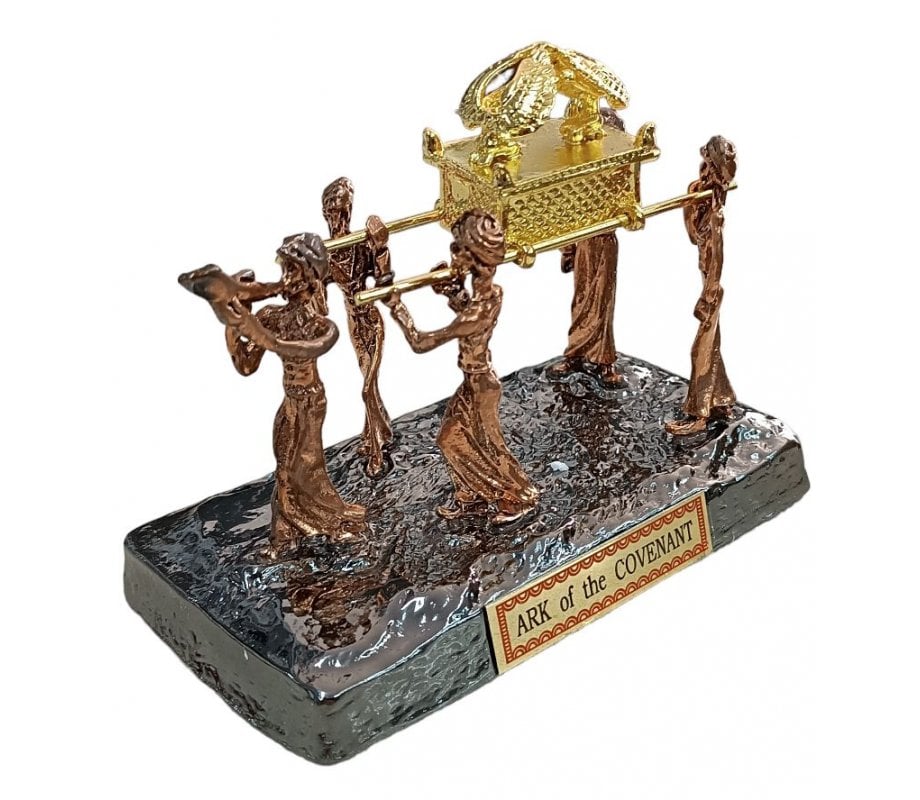 Sculpture of Shofar Blower & Holy Ark Carried on Poles – Copper and Gold Metal