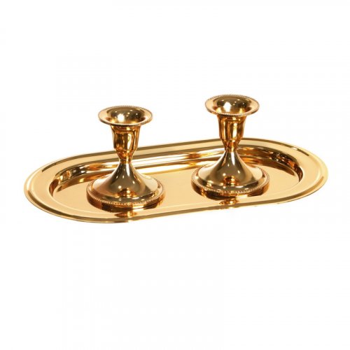 Set - Small Gold Shabbat Candlesticks on Oval Tray - Height 2.8