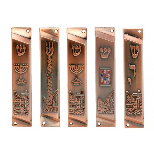 Set of 5 Metal Mezuzah Cases with Decorative Judaic Motifs, Bronze - 4
