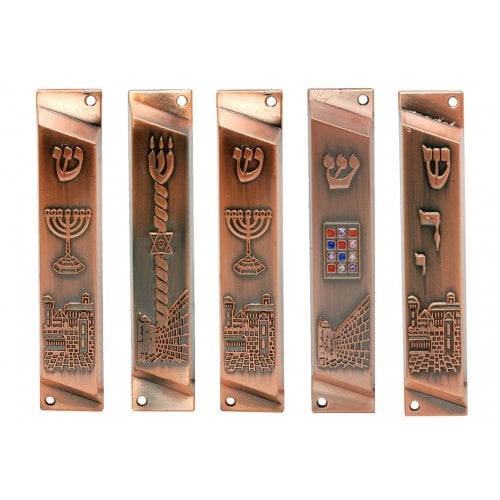 Set of 5 Mezuzah Cases with Decorative Judaic Motifs, Bronze - 4