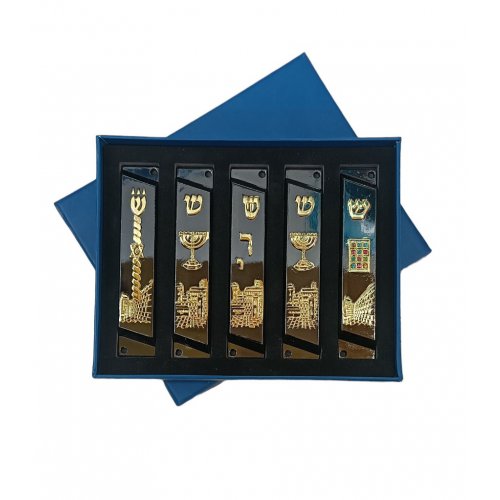 Set of 5 Mezuzah Cases with Decorative Judaica Motifs, Black & Gold - 4