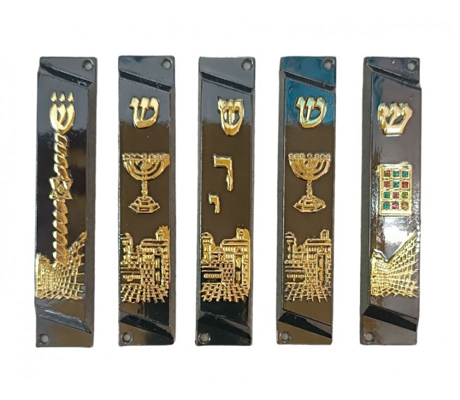 Set of 5 Mezuzah Cases with Decorative Judaica Motifs, Black & Gold - 4