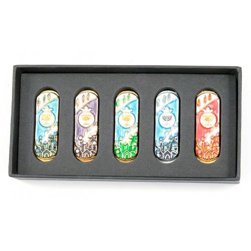 Set of Five Car Mezuzahs in Gift Box - Jerusalem and Menorah Design