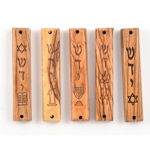 Set of Five Olive Wood Mezuzah Cases with Judaic Symbols - 3.5