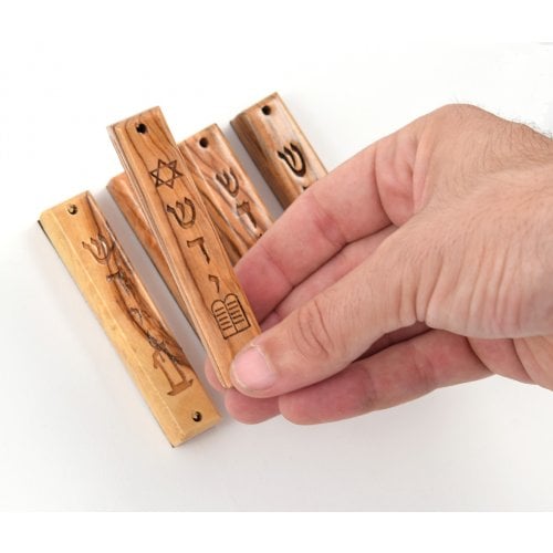 Set of Five Olive Wood Mezuzah Cases with Judaic Symbols - 3.5