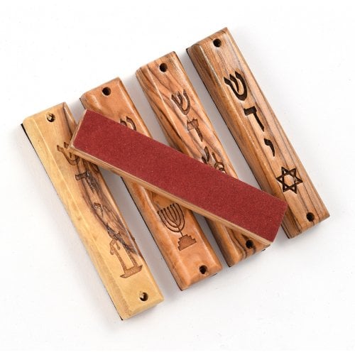 Set of Five Olive Wood Mezuzah Cases with Judaic Symbols - 3.5