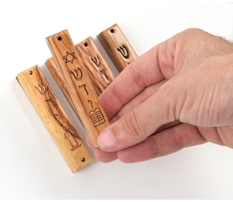 Set of Five Olive Wood Mezuzah Cases with Judaic Symbols - 3.5