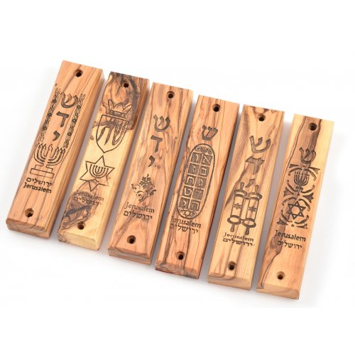 Set of Six Olive Wood Mezuzah Cases with Judaic Symbols - 5.1