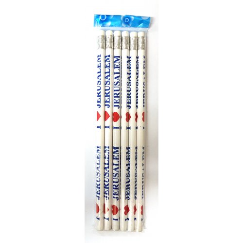 Set of Six Souvenir Wood Pencils Decorated with Red Heart and I Love Jerusalem