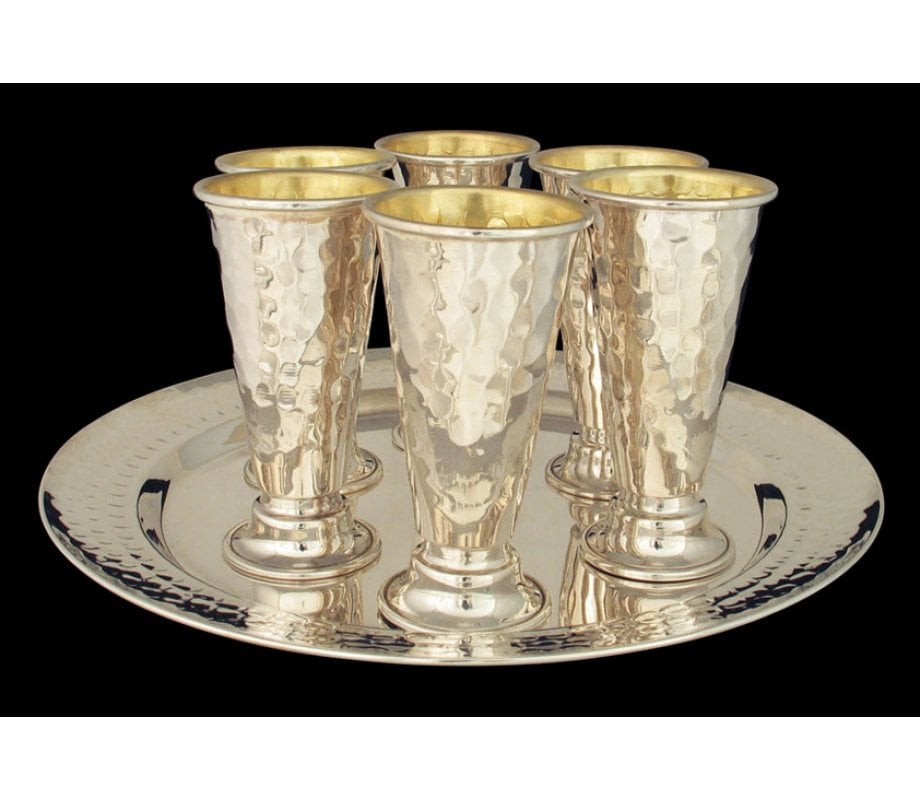 Set of Sterling Silver 6 Kiddush cups and tray