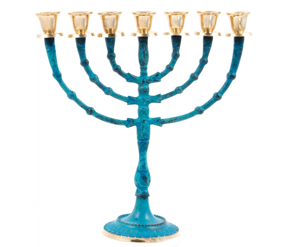 Seven Branch Blue Patina Menorah on Stem, Gold Candleholders – 12