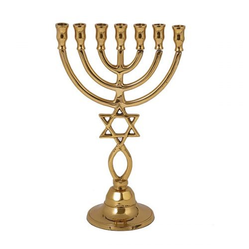 Seven Branch Bronze Menorah with Star of David and Fish Symbol - Yair Emanuel