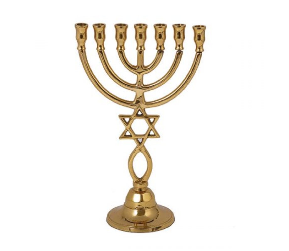Seven Branch Bronze Menorah with Star of David and Fish Symbol Yair