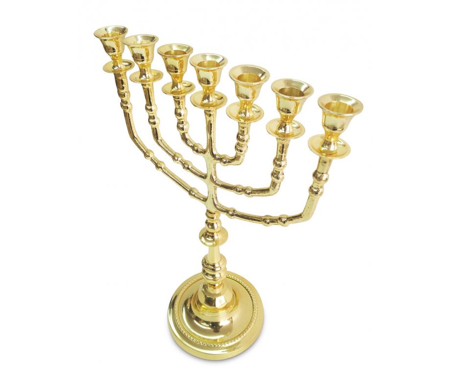 Seven Branch Decorative Menorah, Gleaming Gold Brass - 14