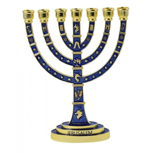Seven Branch Gold Menorah, Dark Blue Enamel Plated with Judaic Symbols – 9.5”