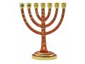 Seven Branch Gold Menorah, Red Enamel Plated with Judaic Symbols - 9.5”
