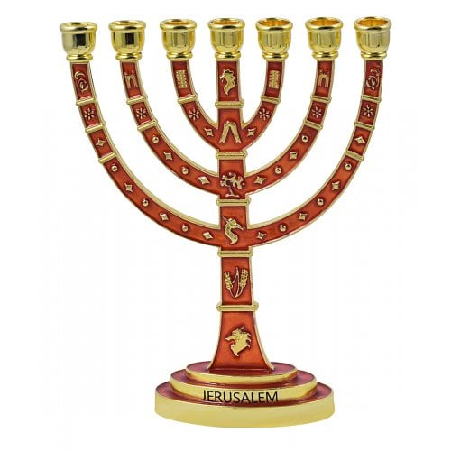 Seven Branch Gold Menorah, Red Enamel Plated with Judaic Symbols - 9.5