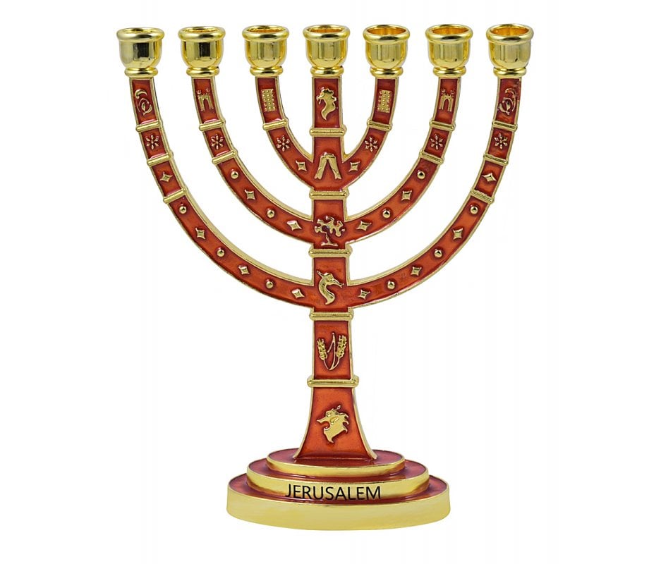Large Gold Plated Menorah Paint By Enamel Decorated with Symbols of 12 Tribes 