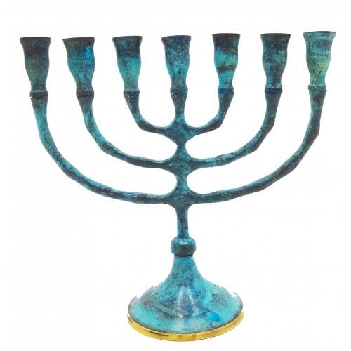 Seven Branch Menorah, Brass with Blue Patina Enamel Overlay  6.5