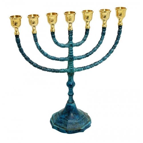 Seven Branch Menorah, Brass with Blue Patina and Gold Finish - 12