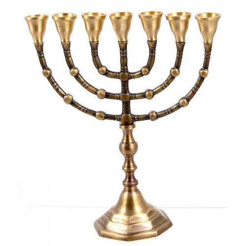 Seven Branch Menorah, Dark Gold Brass with Antique Look  Option 10