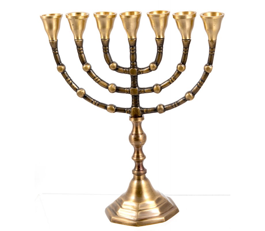 Seven Branch Menorah, Dark Gold Brass with Antique Look – Option 10