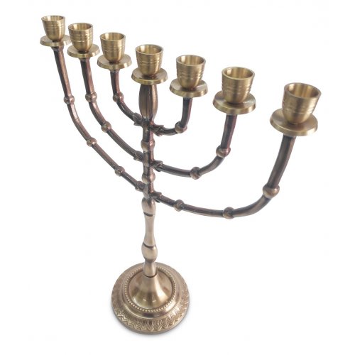 Seven Branch Menorah, Dark Gold Brass with Bead Decoration - 15