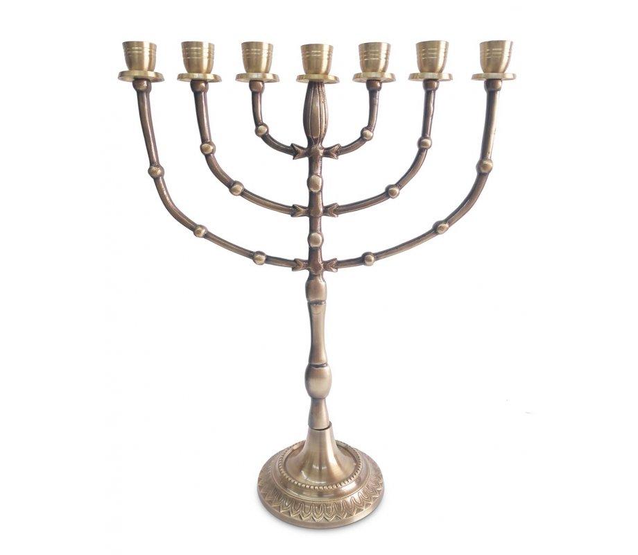 Seven Branch Menorah, Dark Gold Brass with Bead Decoration - 15