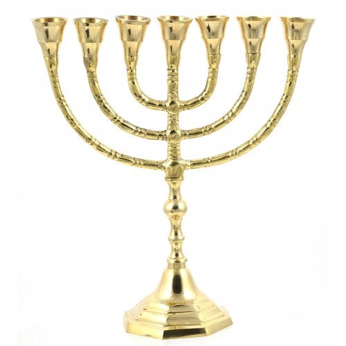 Seven Branch Menorah, Gleaming Gold Brass in Classic Design - Option 10