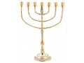 Seven Branch Menorah, Gleaming Gold Brass with Bead Decoration - 15