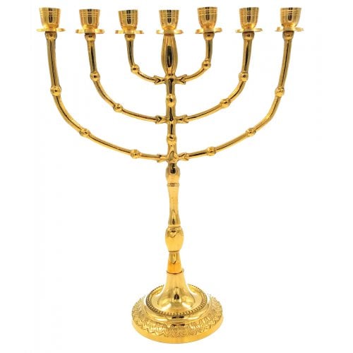 Seven Branch Menorah, Gleaming Gold Brass with Bead Decoration - 15