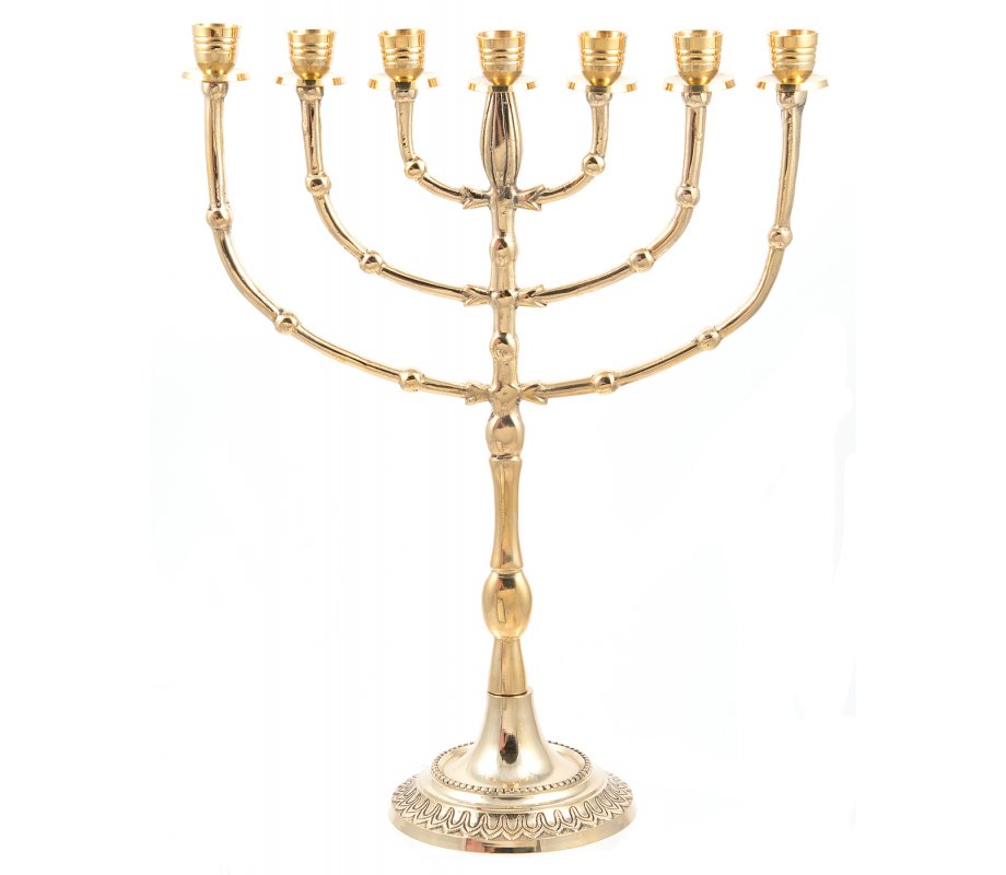 Seven Branch Menorah, Gleaming Gold Brass with Bead Decoration - 15