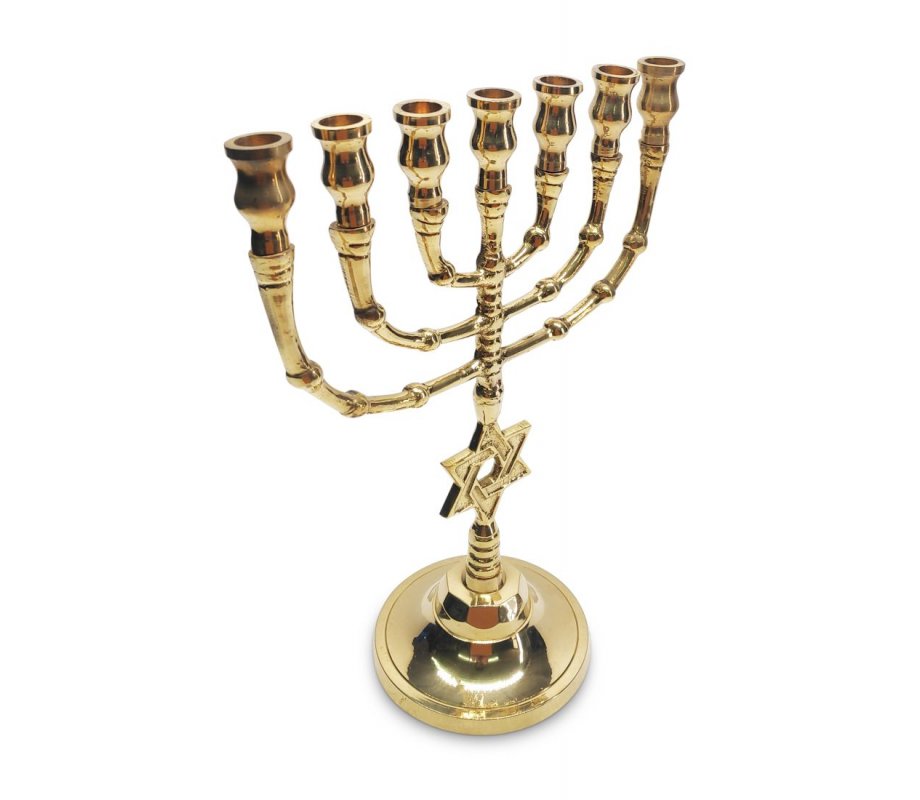 Seven Branch Menorah, Gleaming Gold Brass with Star of David on Stem - 10