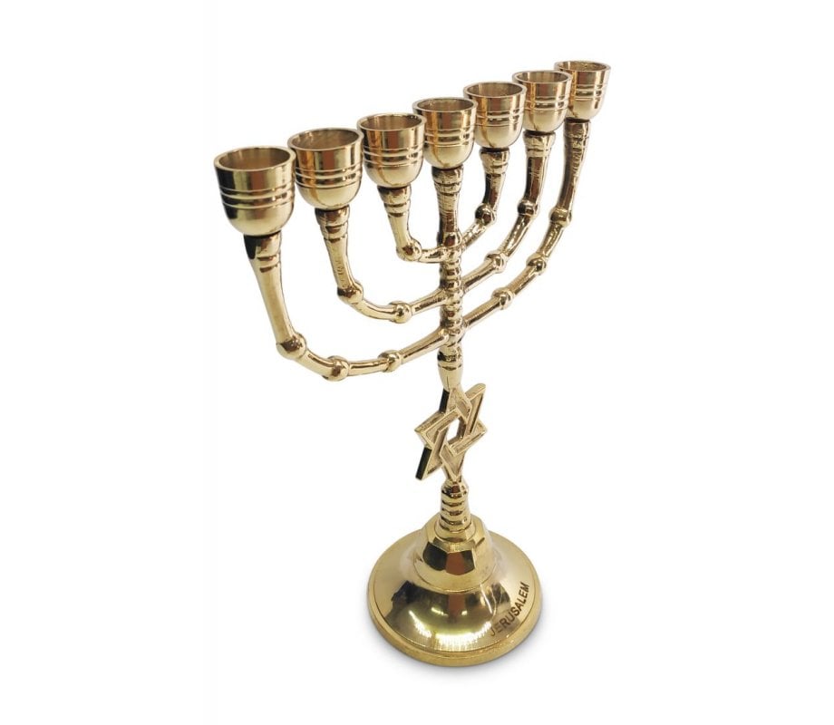 Seven Branch Menorah, Gleaming Gold Brass with Star of David on Stem - 10