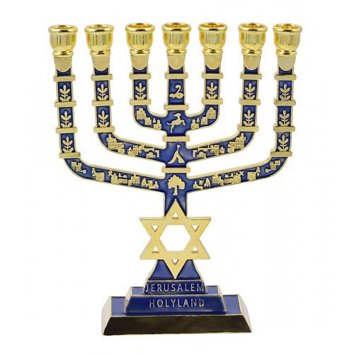 Seven Branch Menorah Jerusalem & Judaic Images & Star of David, Dark Blue - 9.5