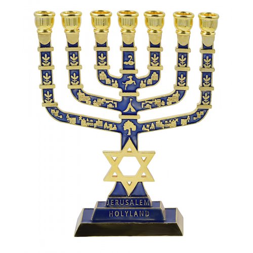 Seven Branch Menorah Jerusalem & Judaic Images & Star of David, Dark Blue - 9.5