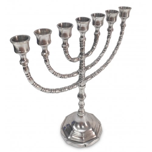 Seven Branch Menorah, Pewter Covered Brass with Decorative Branches - 10