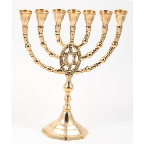 Seven Branch Menorah of Gold Colored Brass with Framed Star of David  10