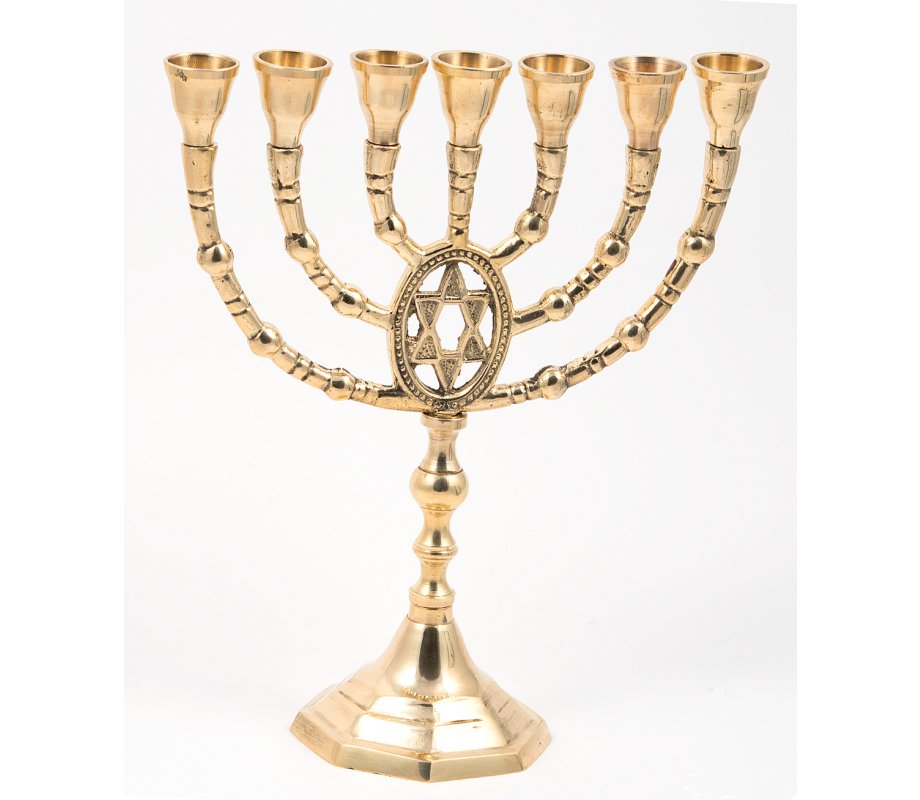 Seven Branch Menorah of Gold Colored Brass with Framed Star of David  10