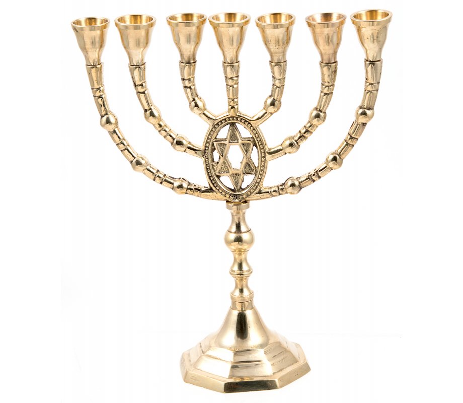 Seven Branch Menorah of Gold Colored Brass with Framed Star of David  10